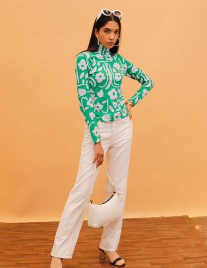Rayon Full Sleeve High Neck with Floral Print Green Top