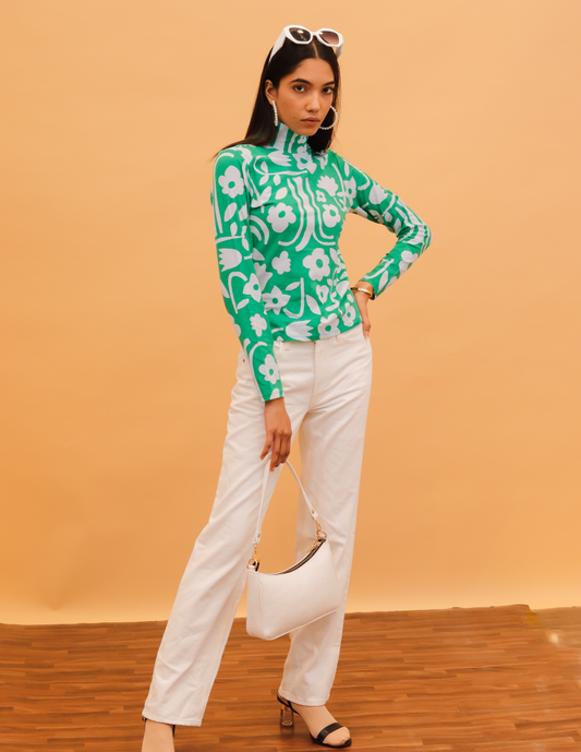 Rayon Full Sleeve High Neck with Floral Print Green Top