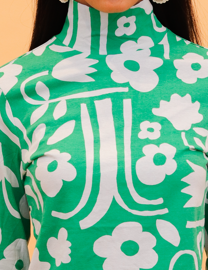 Rayon Full Sleeve High Neck with Floral Print Green Top