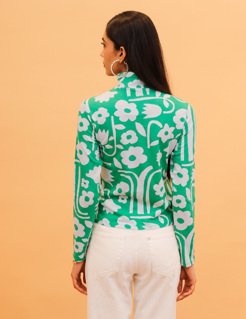 Rayon Full Sleeve High Neck with Floral Print Green Top