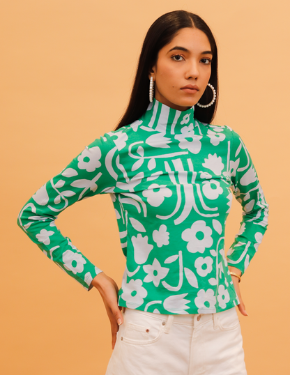 Rayon Full Sleeve High Neck with Floral Print Green Top