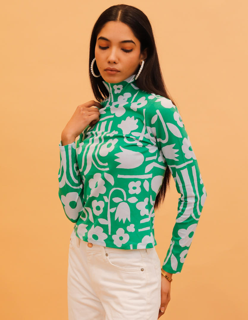 Rayon Full Sleeve High Neck with Floral Print Green Top