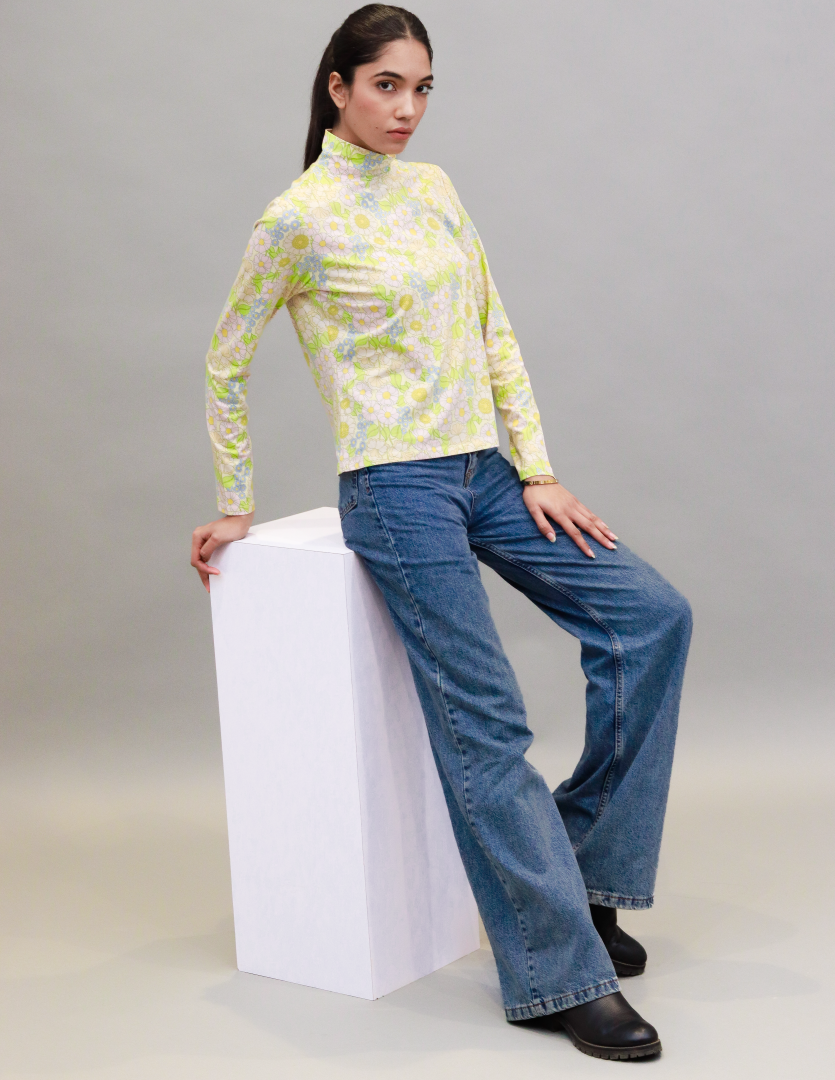 Rayon Full Sleeve High Neck with Floral Print Light Green Top