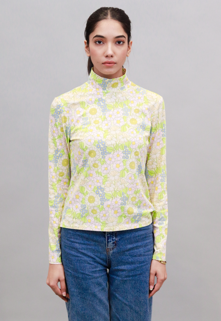 Rayon Full Sleeve High Neck with Floral Print Light Green Top