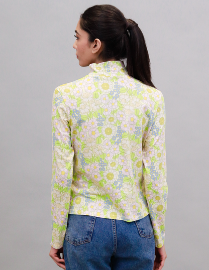Rayon Full Sleeve High Neck with Floral Print Light Green Top