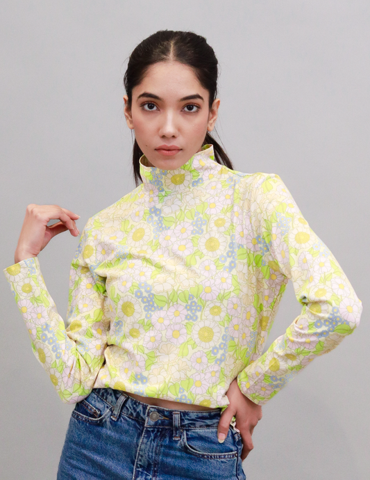 Rayon Full Sleeve High Neck with Floral Print Light Green Top
