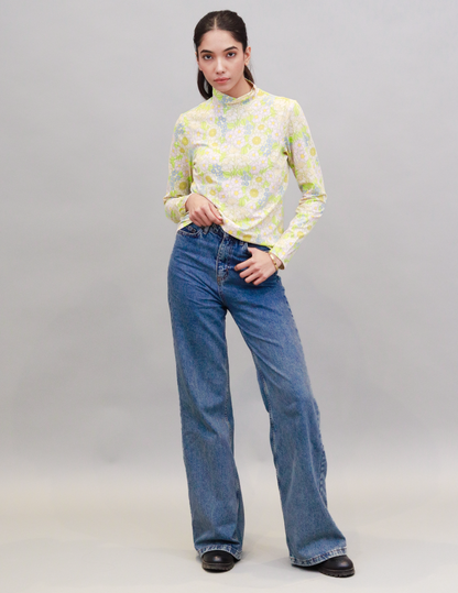 Rayon Full Sleeve High Neck with Floral Print Light Green Top