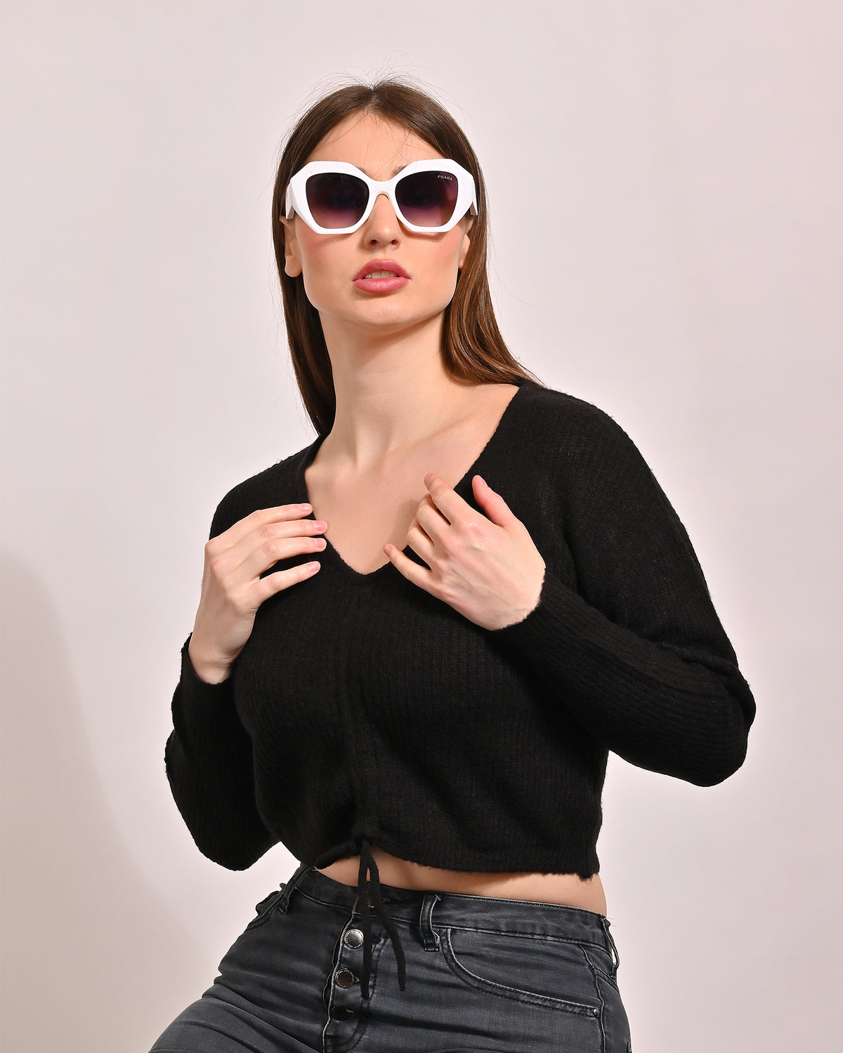 Viscose Full Sleeve with V-Neck Crop Black Top