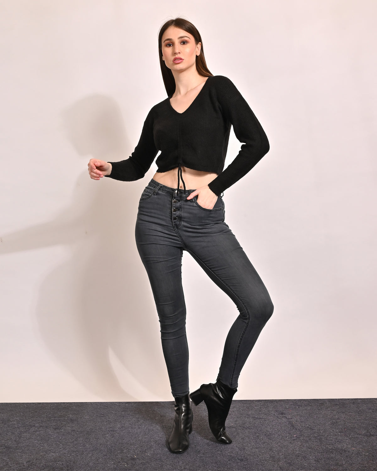 Viscose Full Sleeve with V-Neck Crop Black Top