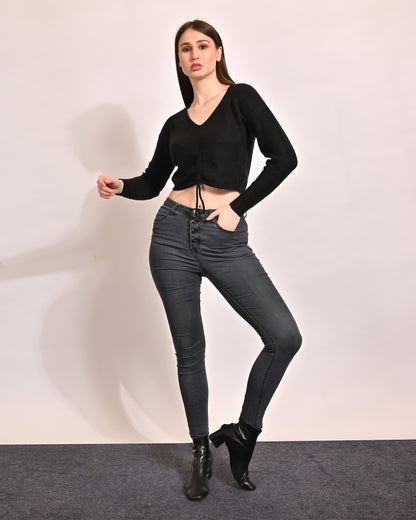 Viscose Full Sleeve with V-Neck Crop Black Top