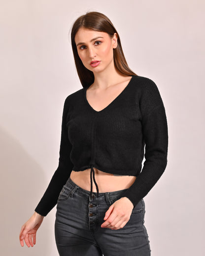 Viscose Full Sleeve with V-Neck Crop Black Top