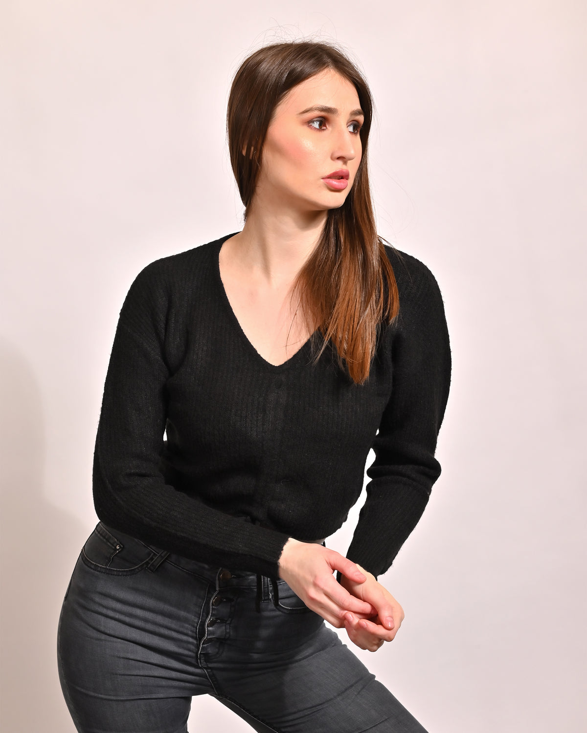 Viscose Full Sleeve with V-Neck Crop Black Top