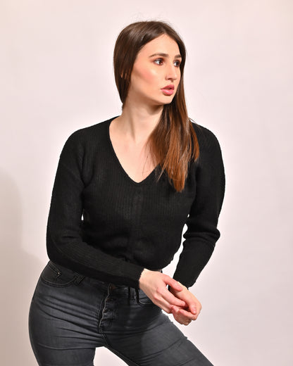 Viscose Full Sleeve with V-Neck Crop Black Top