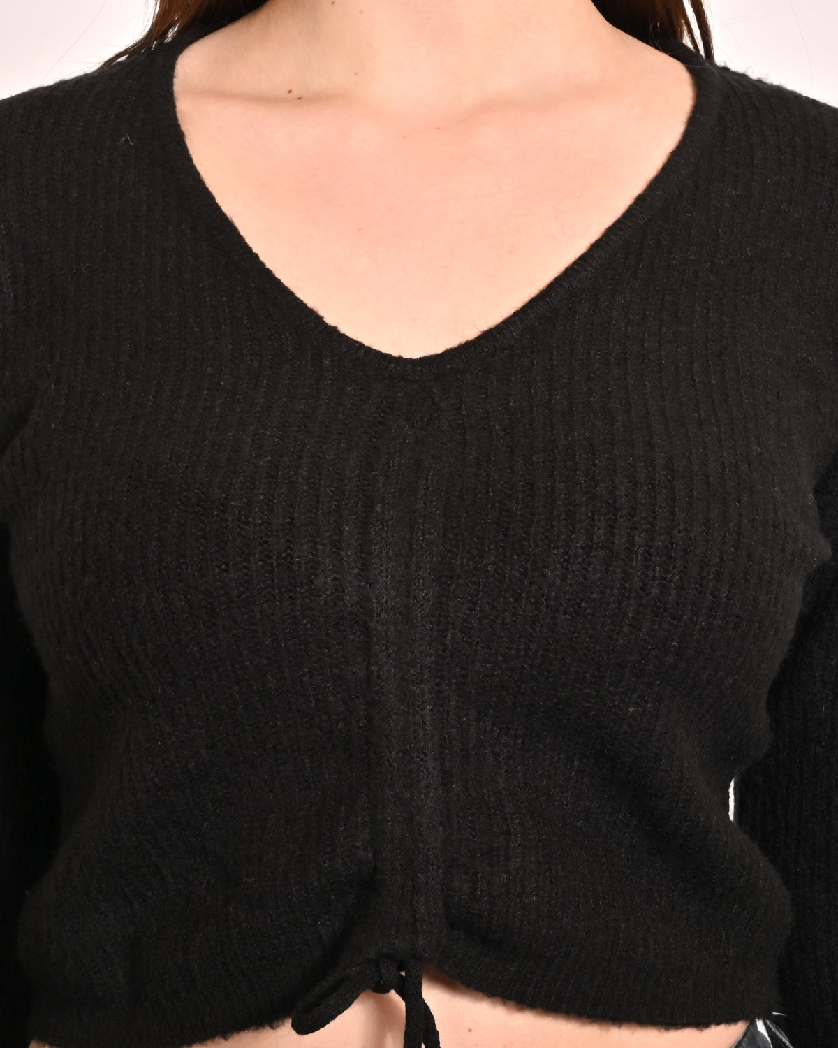 Viscose Full Sleeve with V-Neck Crop Black Top