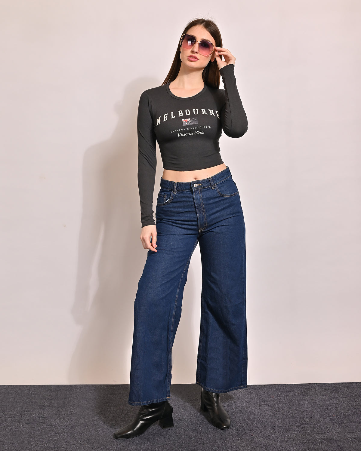 Cotton Round Neck with Full Sleeve Black Crop Top