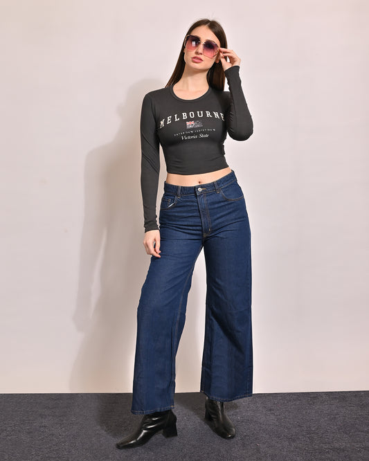 Cotton Round Neck with Full Sleeve Black Crop Top