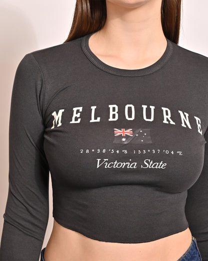 Cotton Round Neck with Full Sleeve Black Crop Top