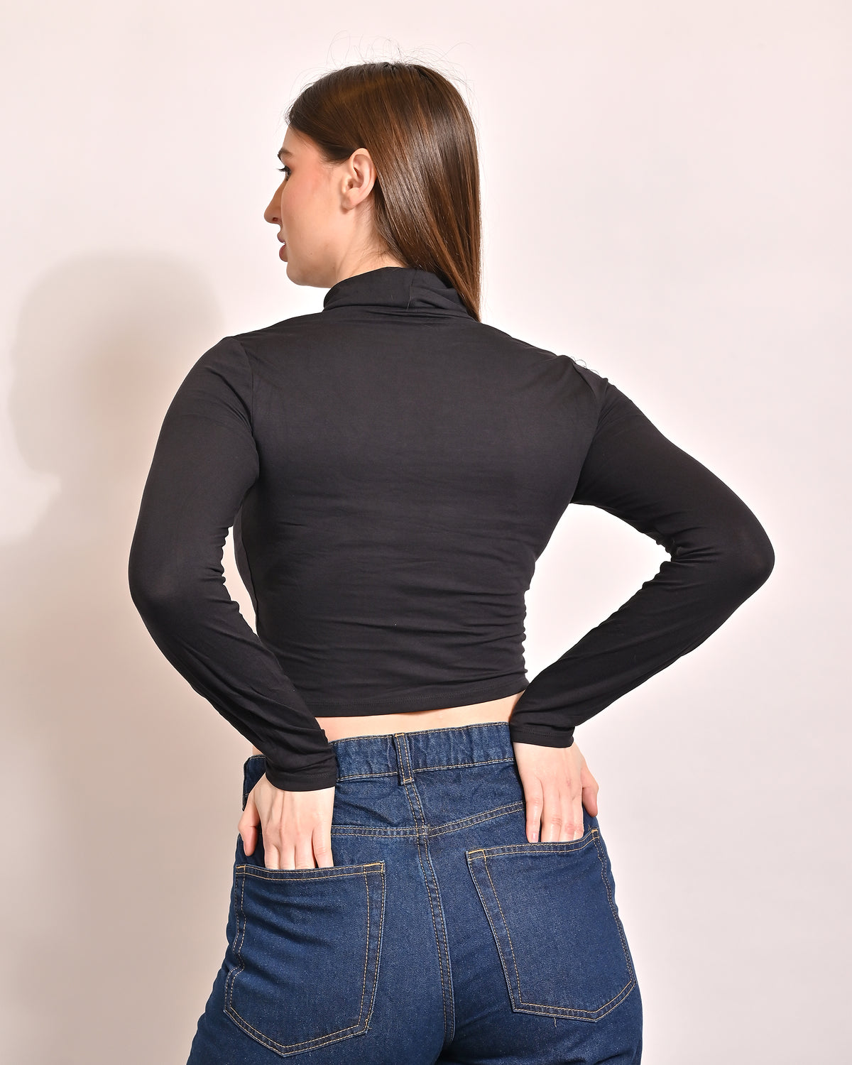 Viscose Turtle-Neck with Full Sleeve Fitted Black Crop Top