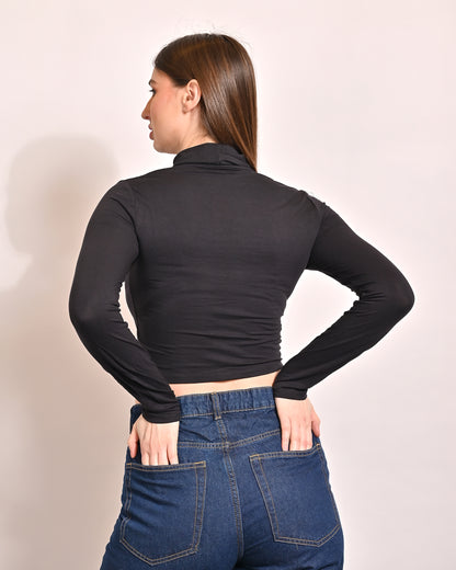 Viscose Turtle-Neck with Full Sleeve Fitted Black Crop Top