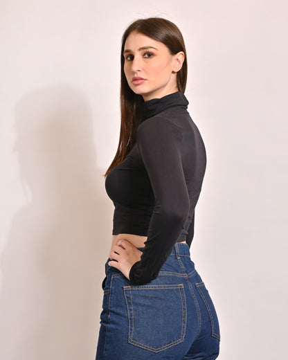 Viscose Turtle-Neck with Full Sleeve Fitted Black Crop Top