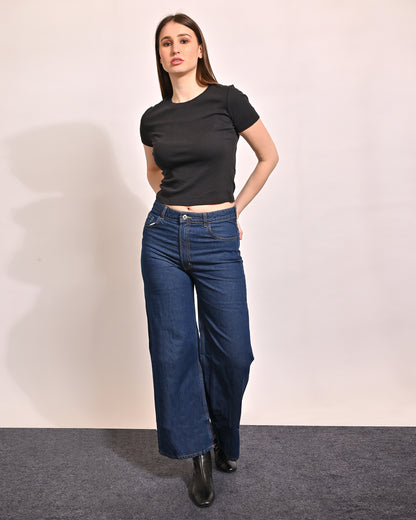Acrylic Round Neck with Short Sleeve Black Crop Top
