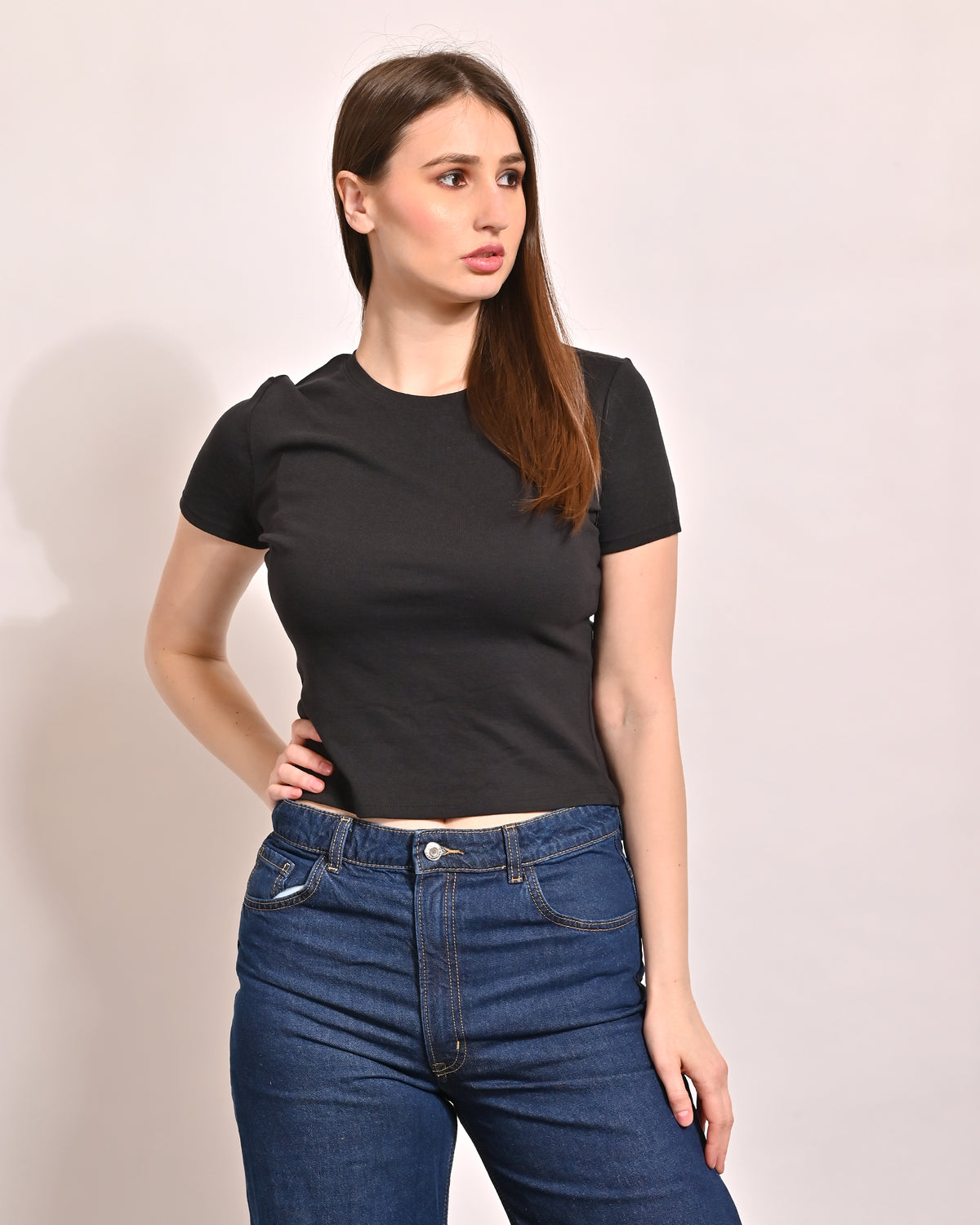 Acrylic Round Neck with Short Sleeve Black Crop Top