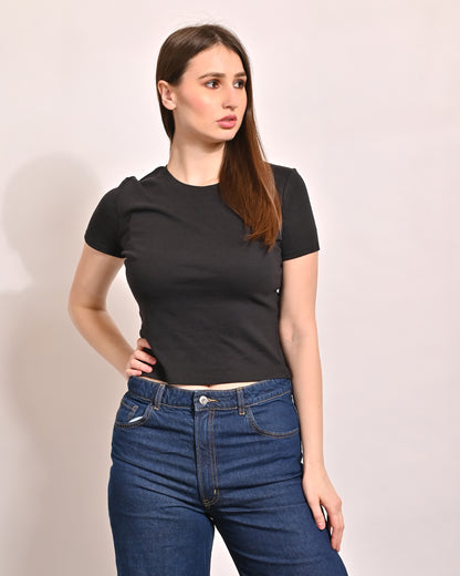 Acrylic Round Neck with Short Sleeve Black Crop Top