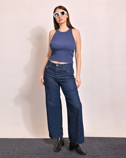 Viscose Sleeveless Round Neck with Ribbed Dark Blue Top