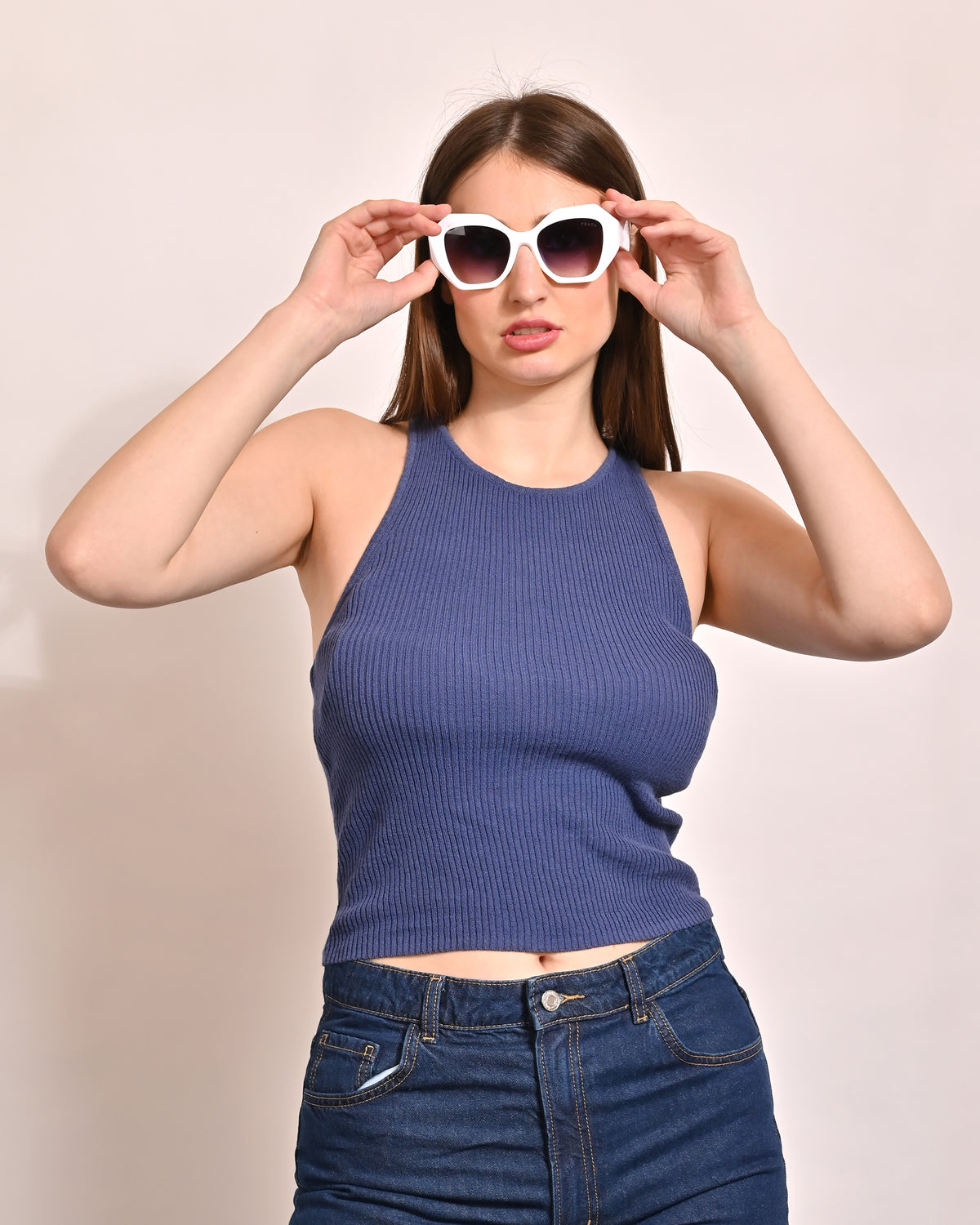 Viscose Sleeveless Round Neck with Ribbed Dark Blue Top