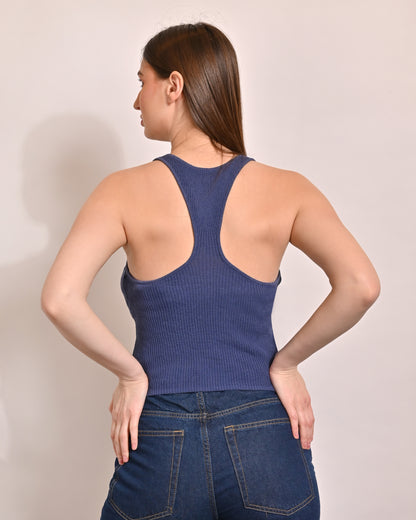 Viscose Sleeveless Round Neck with Ribbed Dark Blue Top