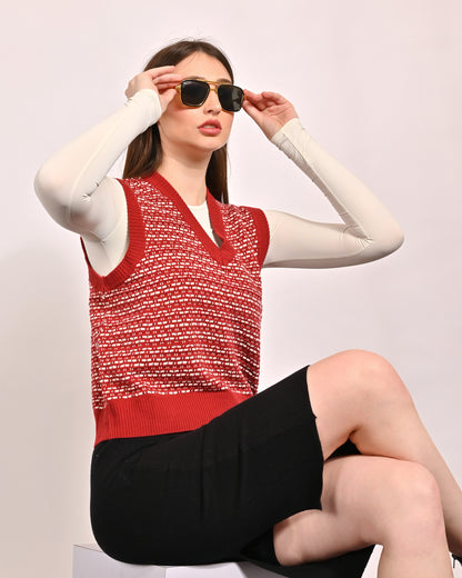 Acrylic Sleeveless with V-Neck Red Vest Sweater
