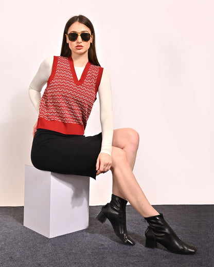 Acrylic Sleeveless with V-Neck Red Vest Sweater
