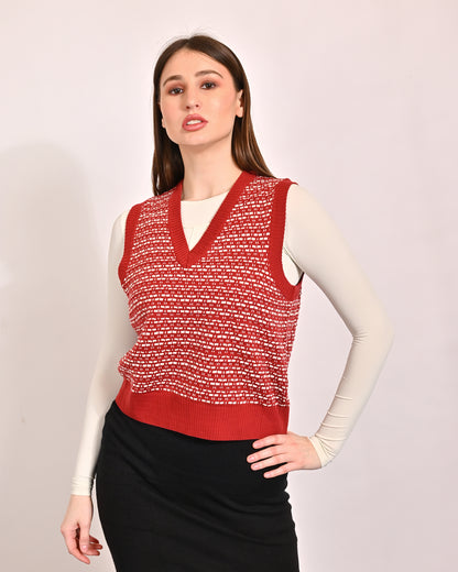 Acrylic Sleeveless with V-Neck Red Vest Sweater