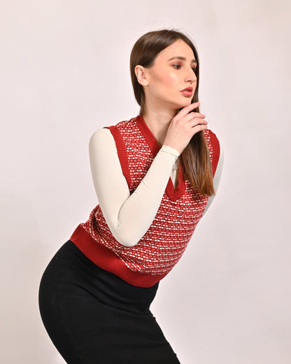 Acrylic Sleeveless with V-Neck Red Vest Sweater