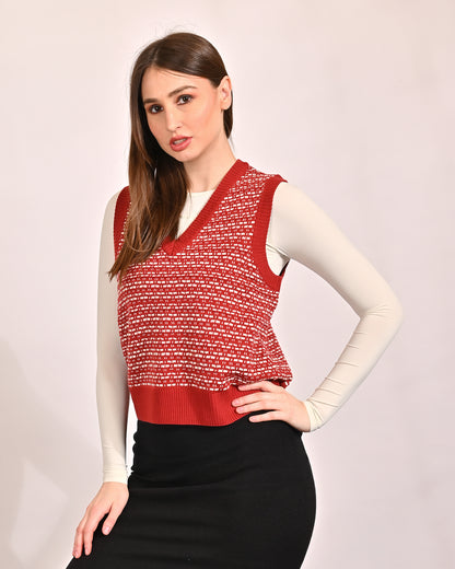 Acrylic Sleeveless with V-Neck Red Vest Sweater