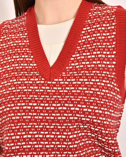 Acrylic Sleeveless with V-Neck Red Vest Sweater