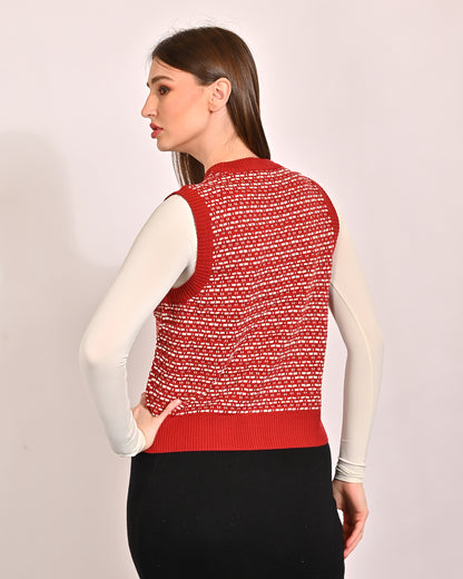Acrylic Sleeveless with V-Neck Red Vest Sweater