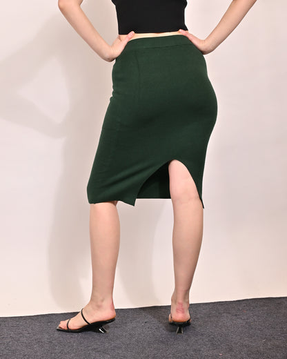 Viscose Pencil Skirt Slit Back Solid Midi Dark Green Skirts