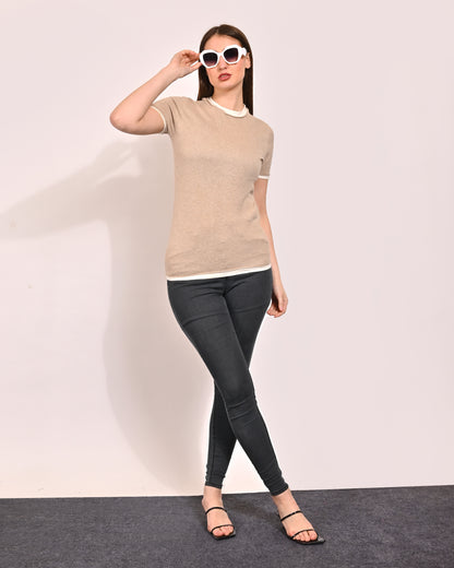Polyester Round Neck with Short Sleeve Beige Top