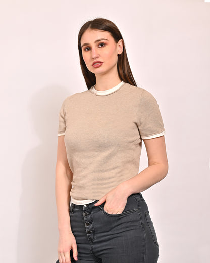 Polyester Round Neck with Short Sleeve Beige Top