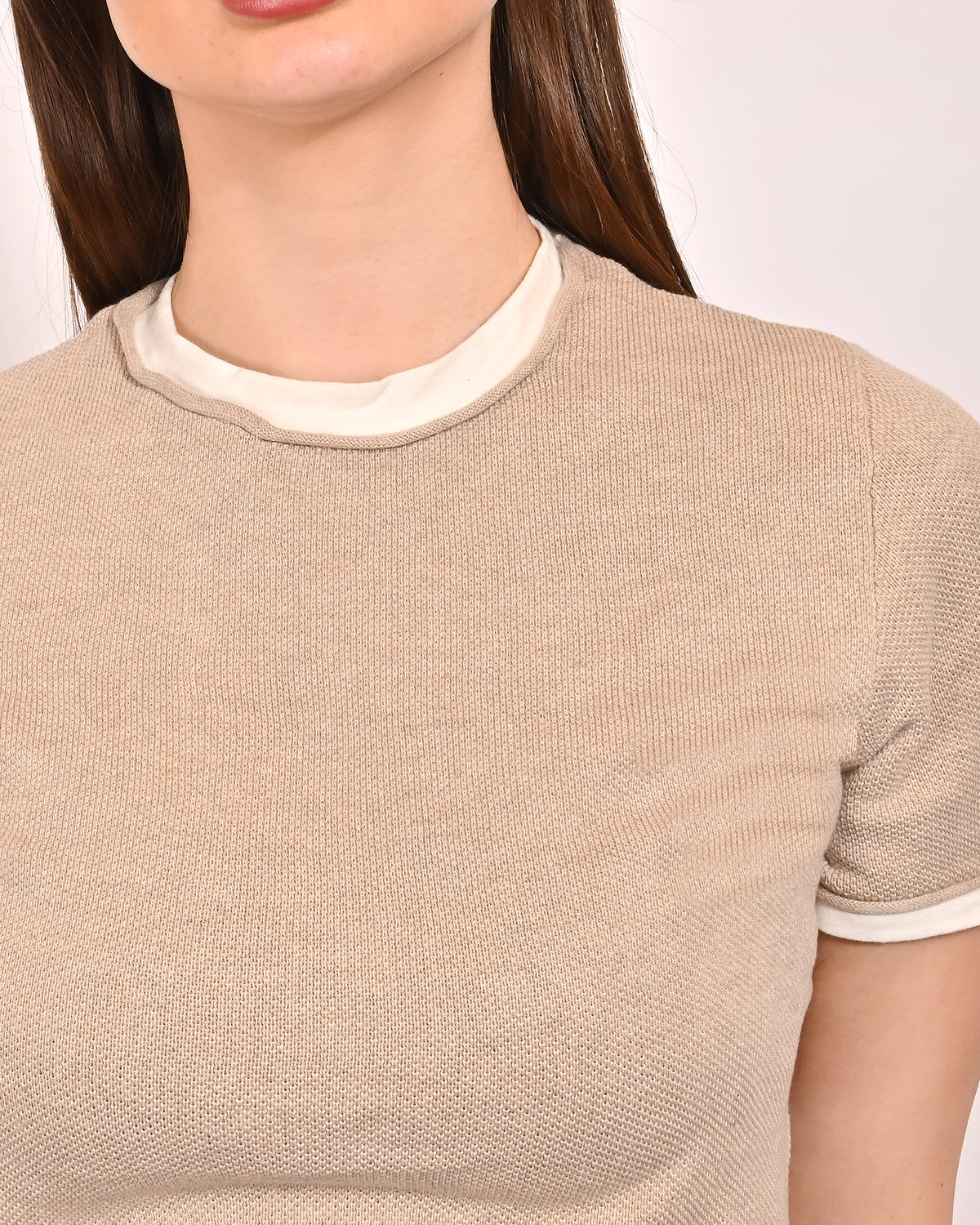 Polyester Round Neck with Short Sleeve Beige Top
