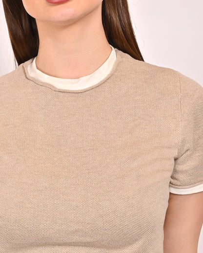 Polyester Round Neck with Short Sleeve Beige Top