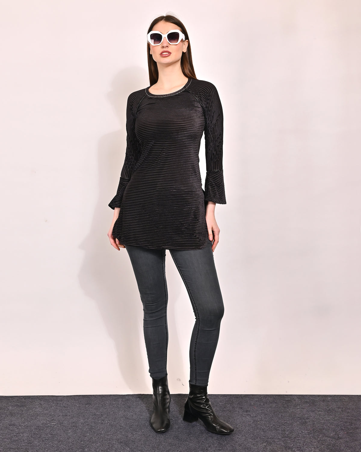 Polyester Straight Full Sleeve with Round Neck Black Long Top