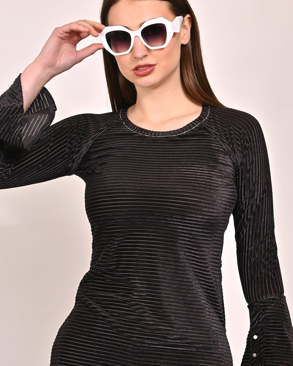 Polyester Straight Full Sleeve with Round Neck Black Long Top