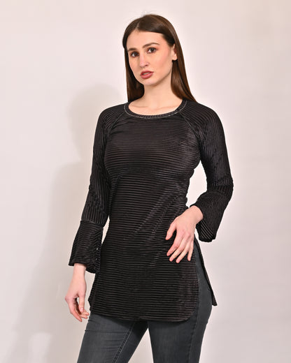 Polyester Straight Full Sleeve with Round Neck Black Long Top