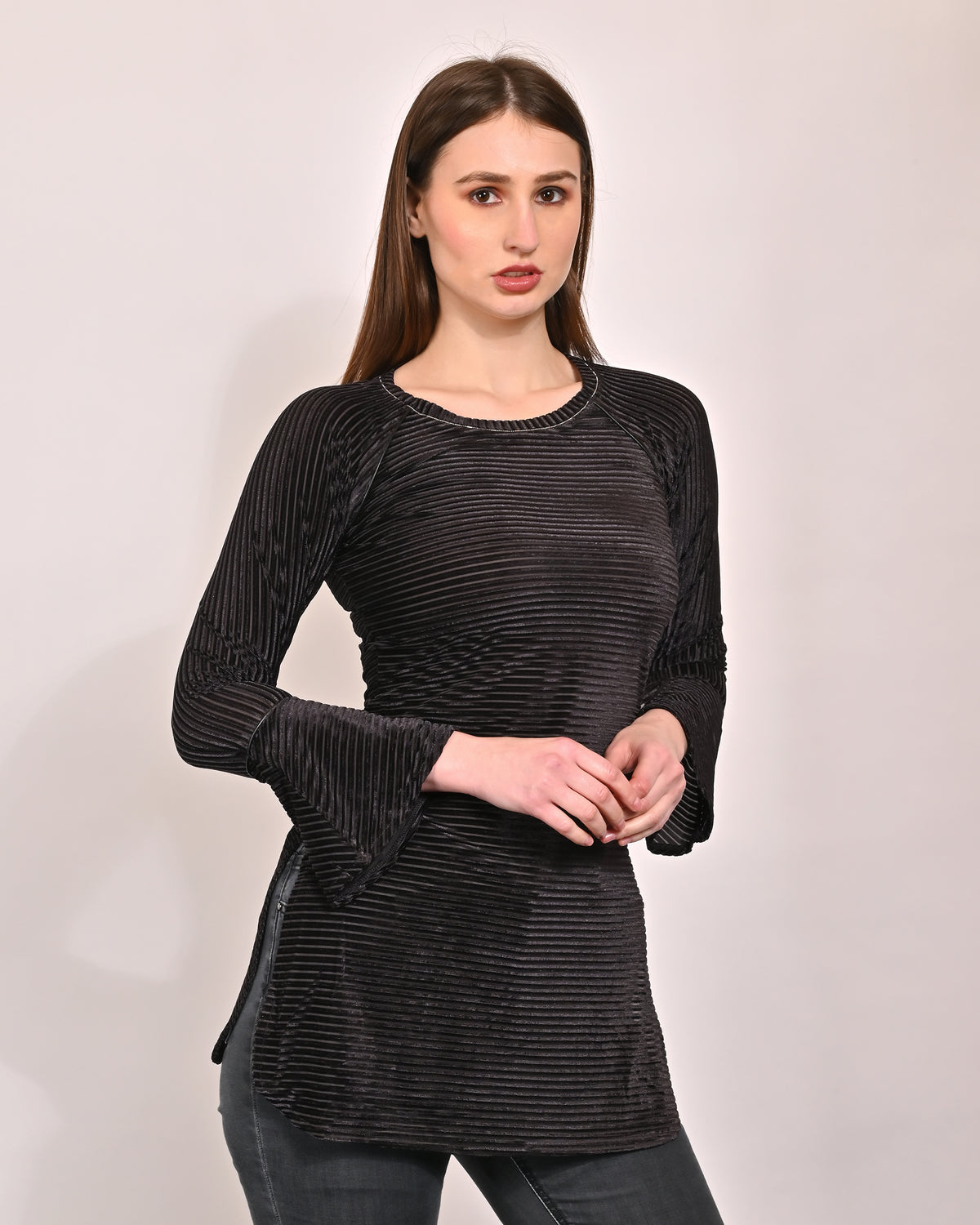 Polyester Straight Full Sleeve with Round Neck Black Long Top