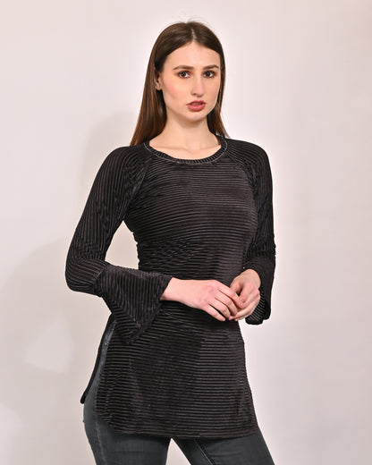 Polyester Straight Full Sleeve with Round Neck Black Long Top