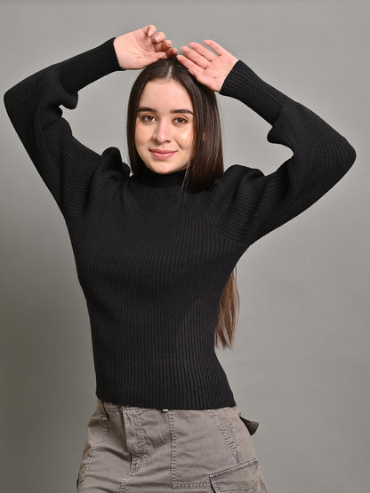 Acrylic Puff Full Sleeve with Turtle Neck Black Sweater