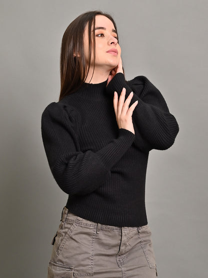 Acrylic Puff Full Sleeve with Turtle Neck Black Sweater
