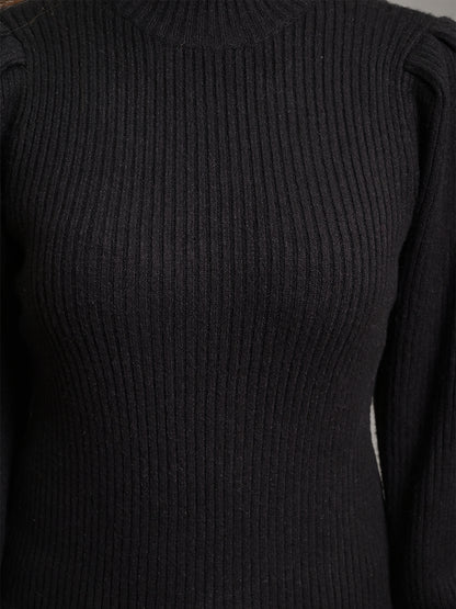 Acrylic Puff Full Sleeve with Turtle Neck Black Sweater